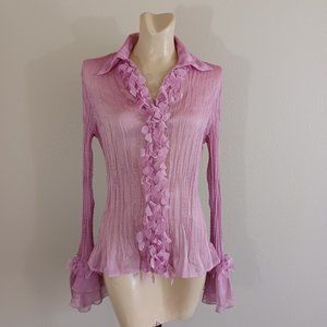 Sexy Sheer Lace Chiffon Satin Bell Cuff Vintage Top Purple XL